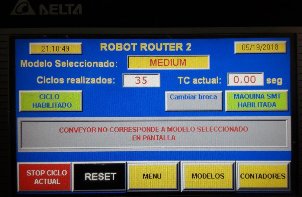 Pantalla HMI de un sistema de control con modelo seleccionado y ciclos realizados